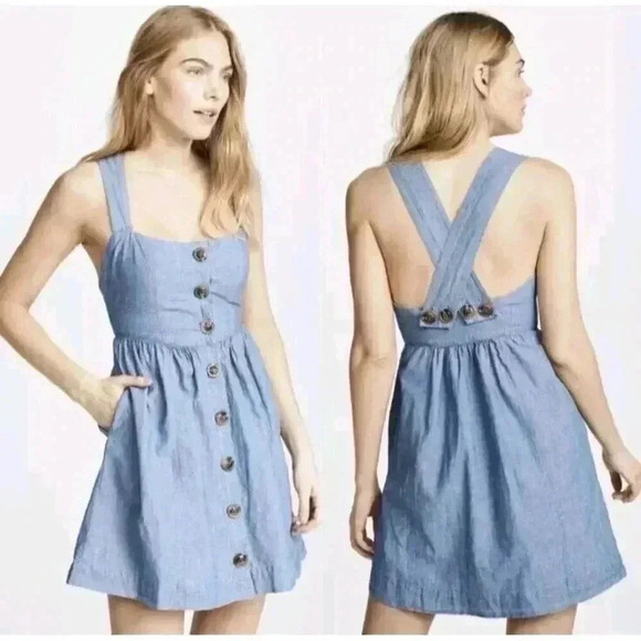 Free People Carolina Chambray Mini Dress denim button down size 6 academia - Picture 1 of 12